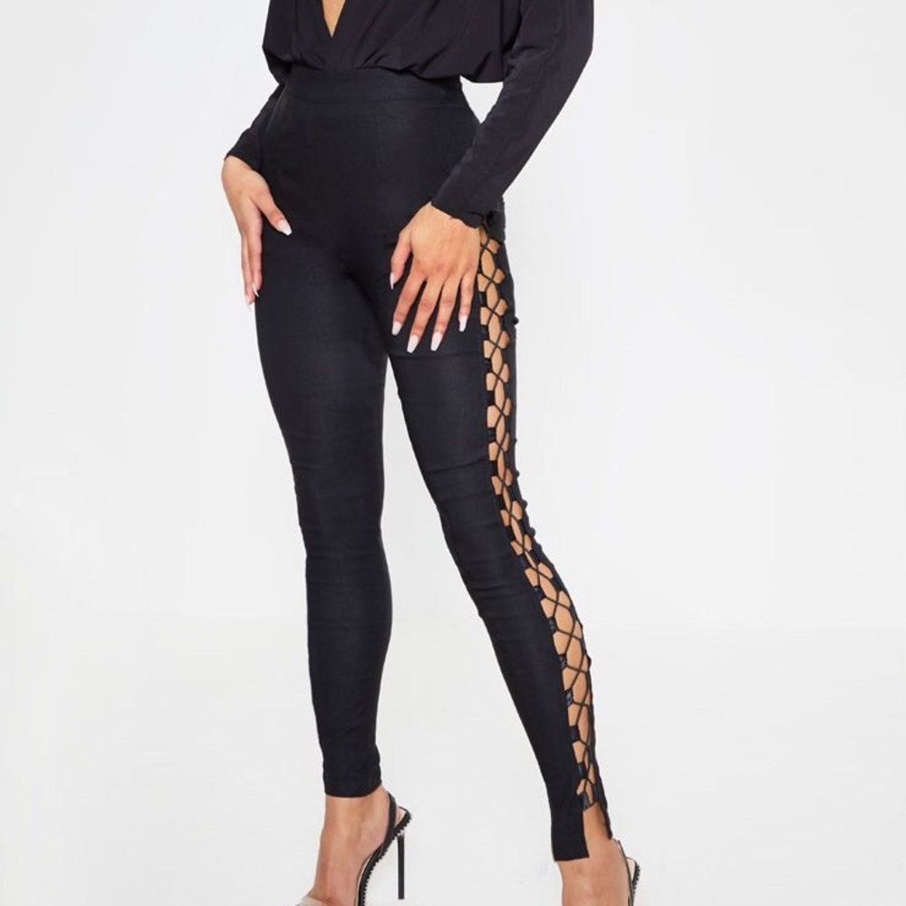 Anetta Black Lace Up Side Skinny Pants